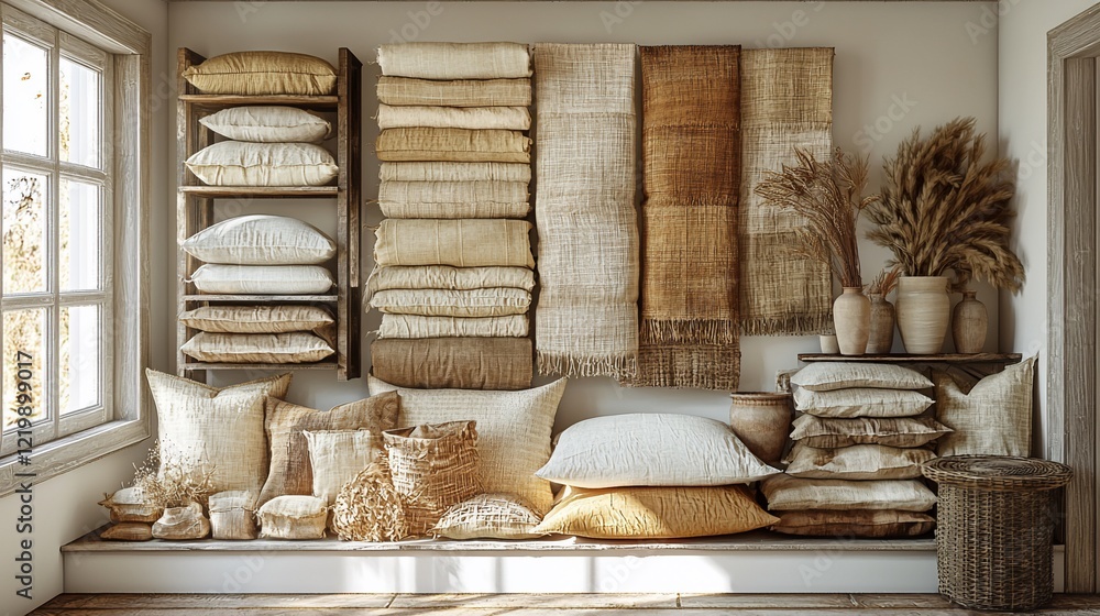 Display of beige and brown textiles, pillows, and blankets on shelves and a platform in a light-filled room. Display of beige and brown textiles, pillows, and blankets on shelves and a platform in a light-filled room.