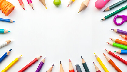 Colorful border of stationery and art supplies for a children's card design