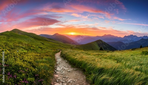 Majestic sunset over rolling hills and a winding mountain path.