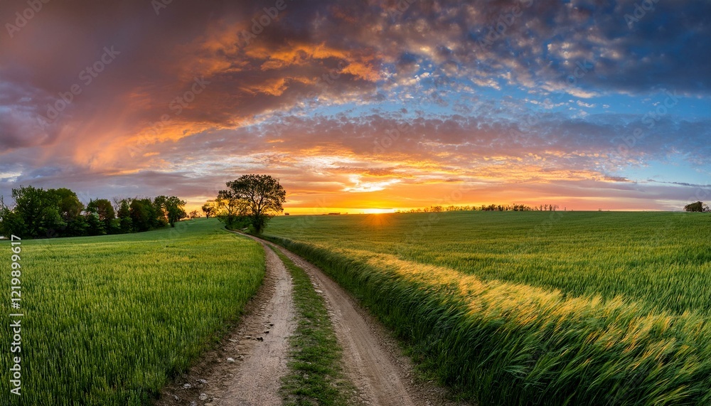 Serene sunset over a countryside path. Serene sunset over a countryside path.