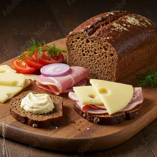 A close-up shot of a rustic wooden board, featuring a freshly baked loaf of Rugbrød, a traditional Danish rye bread, in all its dark, hearty glory. photo