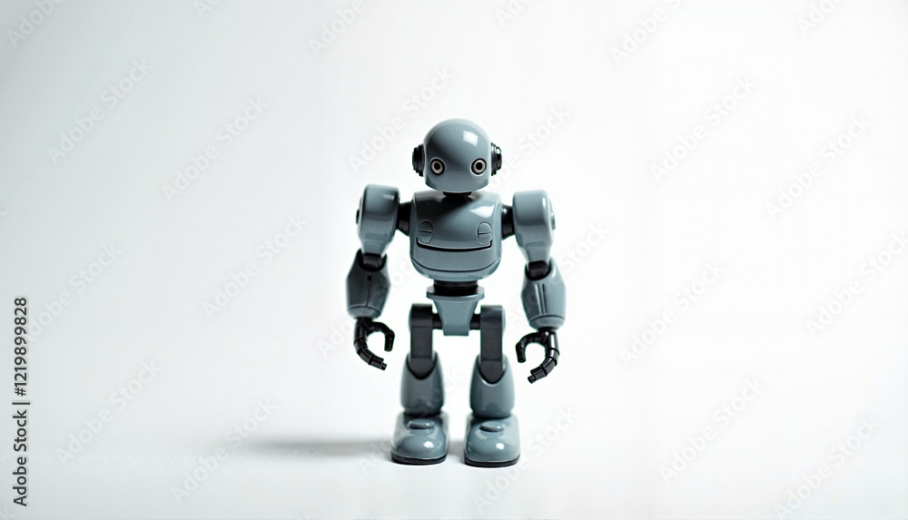Gray toy robot figure standing against a white background Gray toy robot figure standing against a white background