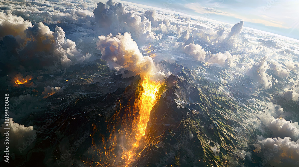 Naklejka premium Fiery Volcanic Eruption: A Dramatic Landscape of Fire and Clouds