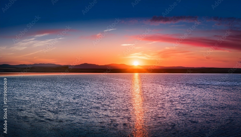 Vibrant sunset over calm water. Fiery colors paint the sky. Vibrant sunset over calm water. Fiery colors paint the sky.