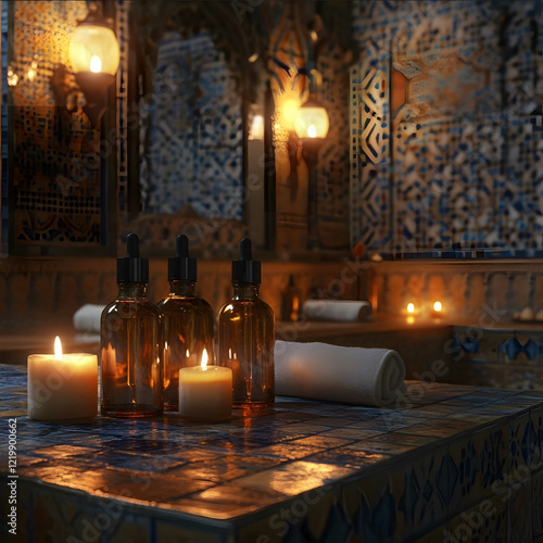 Moroccaninspired spa setting with intricate tilework featuring amber glass dropper bottles of hair oil soft candle lighting for atmosphere Hyper realistic ultra HD tak photo