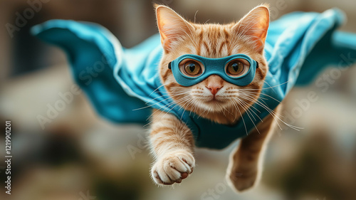 A cute ginger cat flying in a superhero pose, wearing a blue cape and mask. 