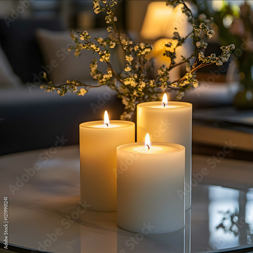 white soy wax candles on the table in luxury livin room realstic photo photo