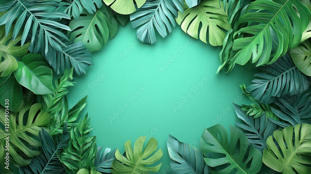 Fototapeta premium Tropical paper leaves frame on turquoise background.