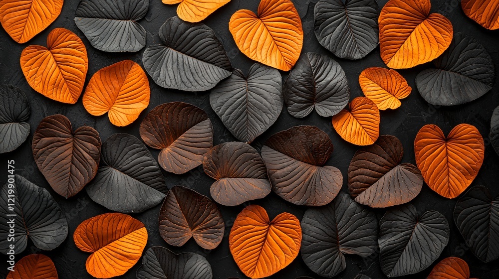 Dark orange and gray leaves flat lay. Autumnal background for design Dark orange and gray leaves flat lay. Autumnal background for design