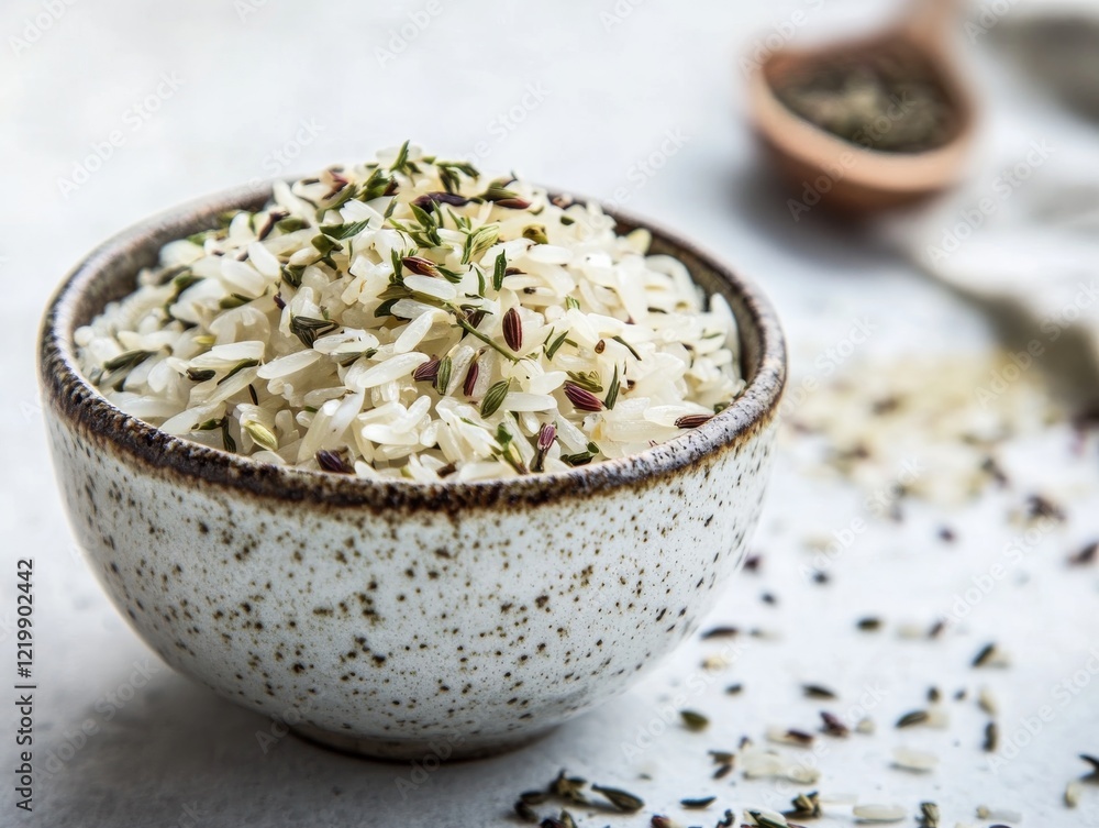 Rice grains with dried herbs in a bowl. Uncooked white rice grains mixed with dried herbs in a ceramic bowl. Emphasizing culinary use and aroma. Ideal for food blogs and recipe ideas. Rice grains with dried herbs in a bowl. Uncooked white rice grains mixed with dried herbs in a ceramic bowl. Emphasizing culinary use and aroma. Ideal for food blogs and recipe ideas.