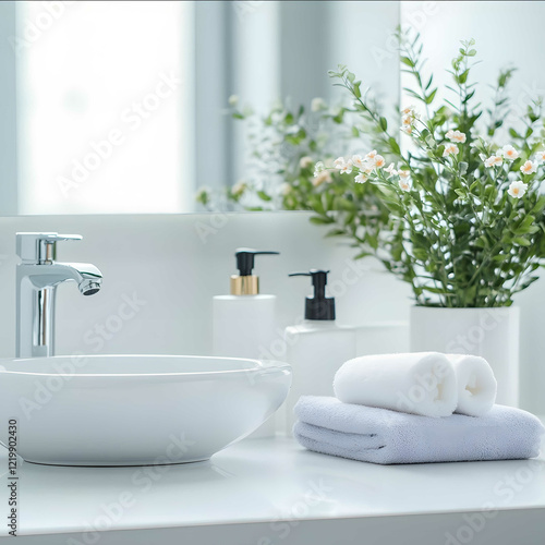 front view close up table bright whte bathroom background soft light photo