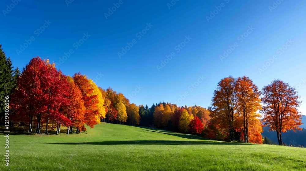 Vibrant Autumn Landscape with Colorful Trees and Lush Green Field Vibrant Autumn Landscape with Colorful Trees and Lush Green Field