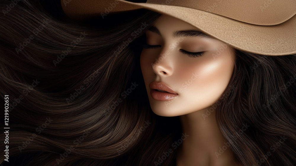 A beautiful woman with long brown hair, showcasing healthy hair and beauty. 