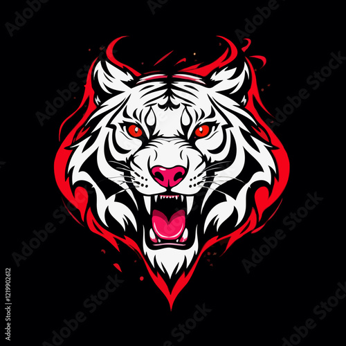 Vector logo of Snarling white tiger head with flames on red backdrop, suitable for designs needing fierce and powerful animal imagery.