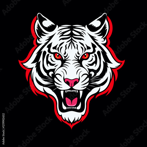 Vector logo of Snarling white tiger head with flames on red backdrop, suitable for designs needing fierce and powerful animal imagery.