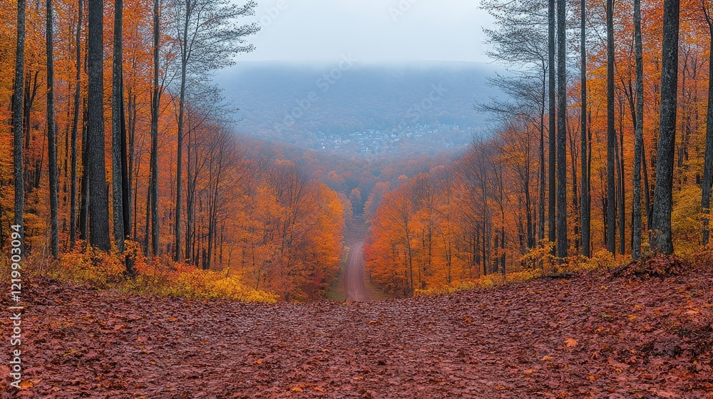 Fototapeta premium Autumn forest road, misty mountains, fall foliage, scenic drive, nature poster