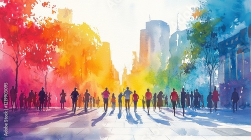 Vibrant watercolor scene a street art festival with artists painting large murals