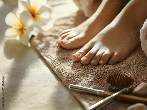 Closeup photograph of wellpampered feet resting on a plush towel with a pedicure set of high end tools in the foreground The nails are polished in a light sophisticate