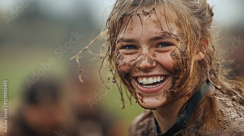 A joyful young woman with a radiant smile, her face and clothes splattered with mud from outdoor adventures, exuding energy, happiness, and a passion for nature and exploration.