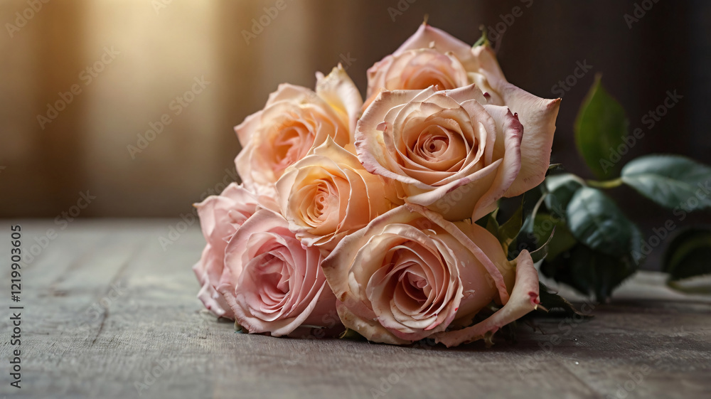 Obraz premium Bouqet of Pink Flower, Beautiful bouquet of pink and red roses placed on wooden table, Close-up Picture of Bouquet of Pink Flowers on Table Background