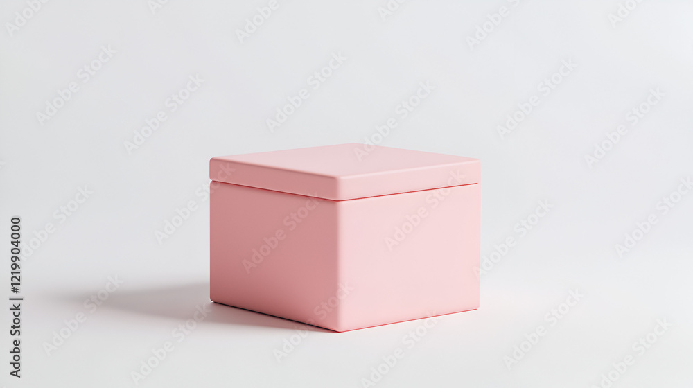 Fototapeta premium A closed light pink square box sits on a white background. Simple and elegant packaging concept.