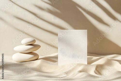 Photo of a A4 Paper on the zen japanies style sand in a mockup style with a zen garden in the background featuring a white rocks The color theme is light yellow with a photo