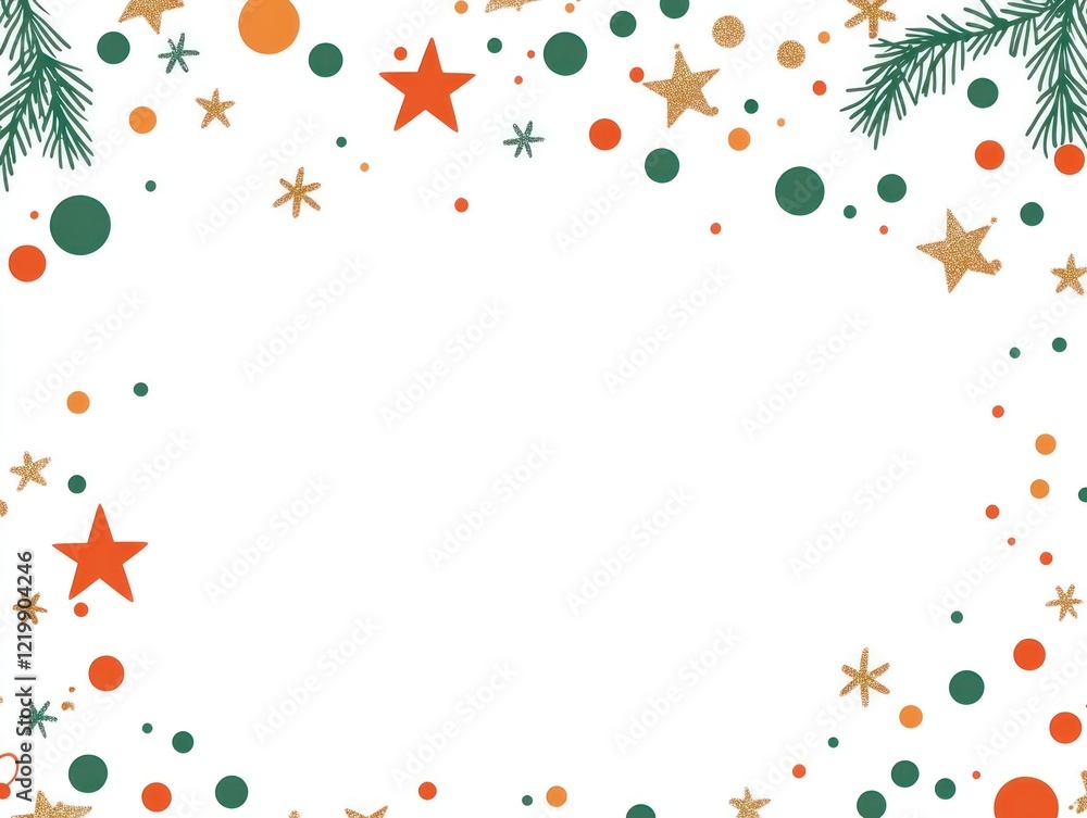 Fototapeta premium Festive Christmas Border: Stars, Dots, and Pine Branches in a Playful Style