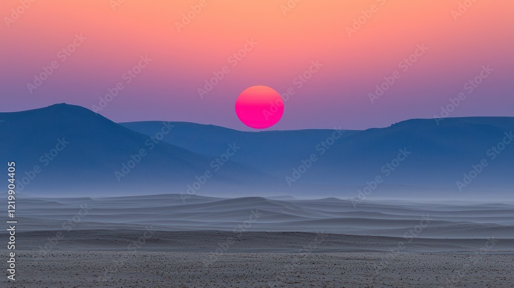 Fototapeta premium Vibrant sunset over misty desert dunes and mountains.