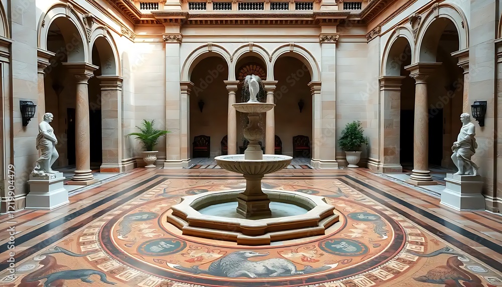 Obraz premium Elegant Courtyard With Fountain Statues And Intricate Flooring