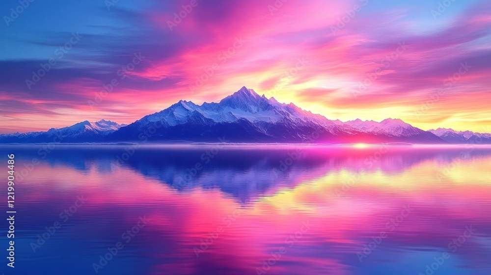 Vibrant sunset over snow-capped mountains reflected in calm lake. Vibrant sunset over snow-capped mountains reflected in calm lake.