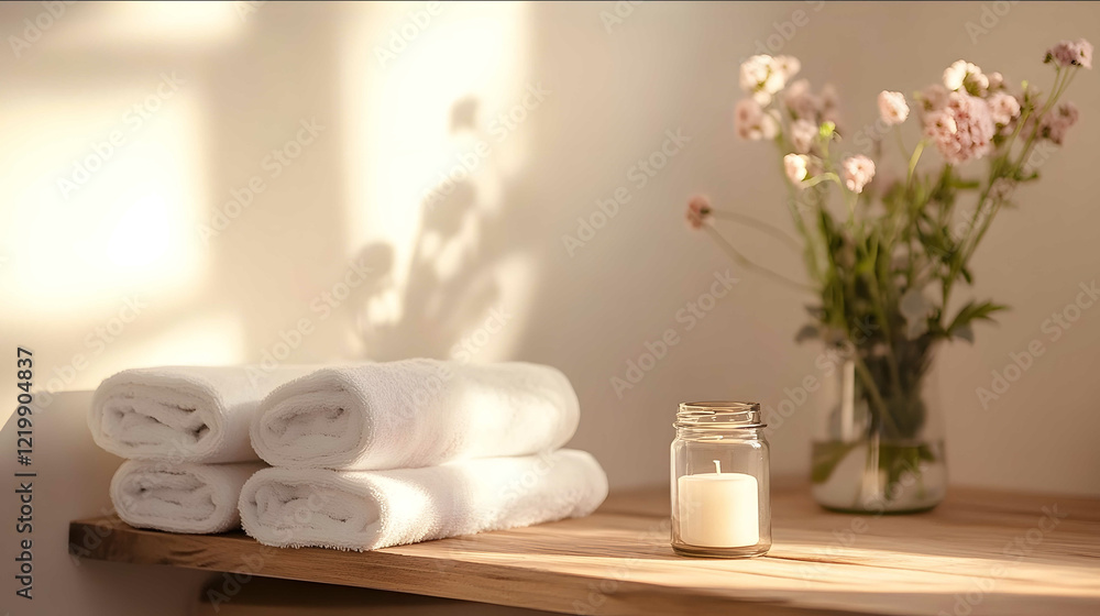 A very realistic bright photograph of a spa scene with a wooden shelf at eye level Bright light floods the room Folded towels and flowers An empty glass candle jar sit A very realistic bright photograph of a spa scene with a wooden shelf at eye level Bright light floods the room Folded towels and flowers An empty glass candle jar sit