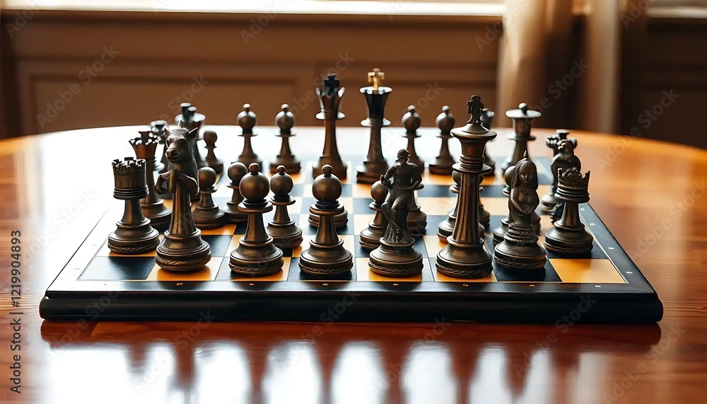 Intricately Carved Chess Pieces Set on a Board Intricately Carved Chess Pieces Set on a Board