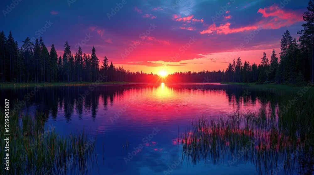 Fototapeta premium Vibrant sunset reflecting on calm lake with trees.