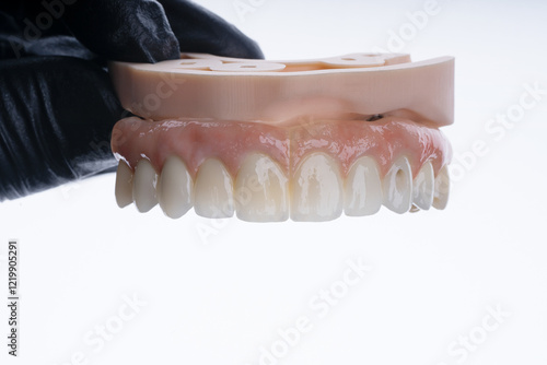 Full dental zirkonium prosthesis on titanium bar stained with stains for ceramic