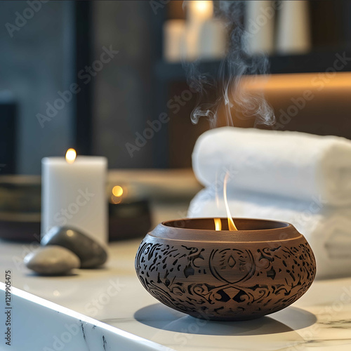 A closeup of an elegant oud burner in a highend spa setting The image captures the fine details of the carved wooden burner as it releases a dense rich smoke that cont photo