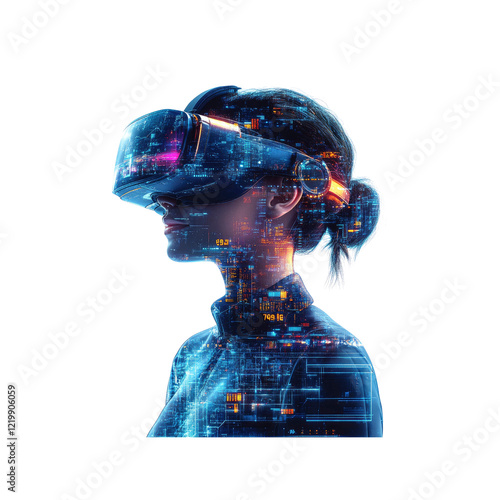 Woman Experiencing Immersive Virtual Reality, Digital Overlay