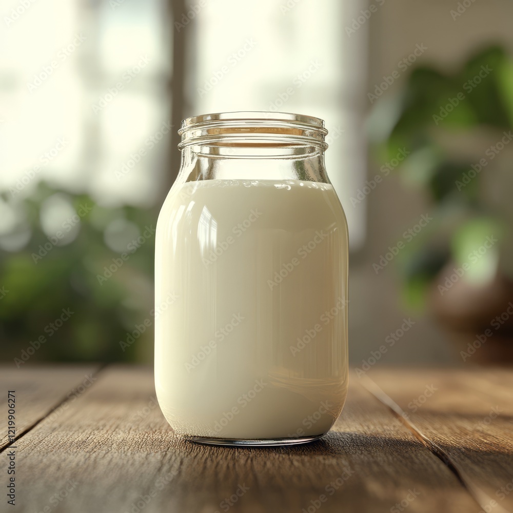 Glass jar of milk on wooden table. (1) Glass jar of milk on wooden table. (1)