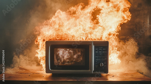 Wallpaper Mural A vintage microwave engulfed in flames on a wooden table, emitting dramatic smoke and fiery intensity, symbolizing danger, destruction, and safety hazards. Torontodigital.ca