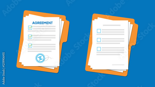 Agrrement papers. Document. Folder with stamp and text. Stack of contract document with signature and approval stamp. Flat design vector illustration. Can used for element presentation, etc