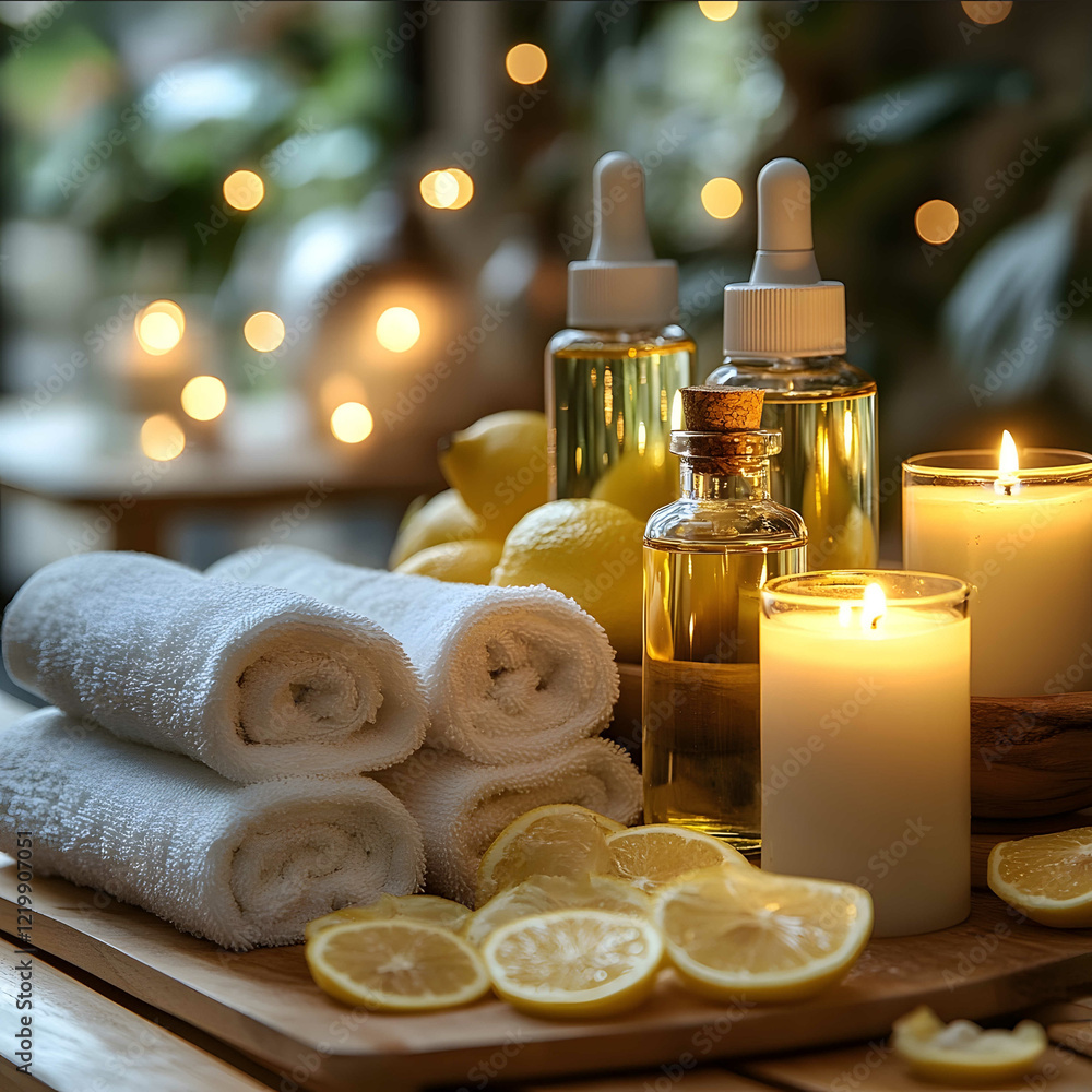 An inspiring home spa scene with lit candles folded white towels glass bottles of essential oils and a bowl of water rose petals and lemon slices This image would conv An inspiring home spa scene with lit candles folded white towels glass bottles of essential oils and a bowl of water rose petals and lemon slices This image would conv