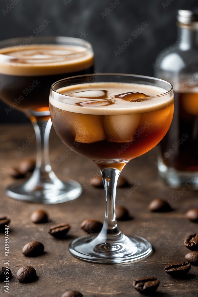 Two elegant cocktails with ice and coffee beans on a rustic surface. Two elegant cocktails with ice and coffee beans on a rustic surface.