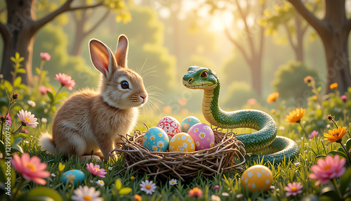 Easter bunny sitting next to a snake with a basket of colorful Easter eggs in a sunny meadow surrounded by flowers, symbolizing the Year of the Snake and spring celebration photo