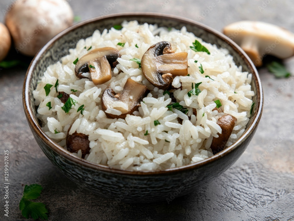 Rice grains with mushrooms and garlic in a bowl. Uncooked white rice grains mixed with mushrooms and garlic in a ceramic bowl. Emphasizing flavor and aroma. Ideal for food blogs and recipe creation. Rice grains with mushrooms and garlic in a bowl. Uncooked white rice grains mixed with mushrooms and garlic in a ceramic bowl. Emphasizing flavor and aroma. Ideal for food blogs and recipe creation.