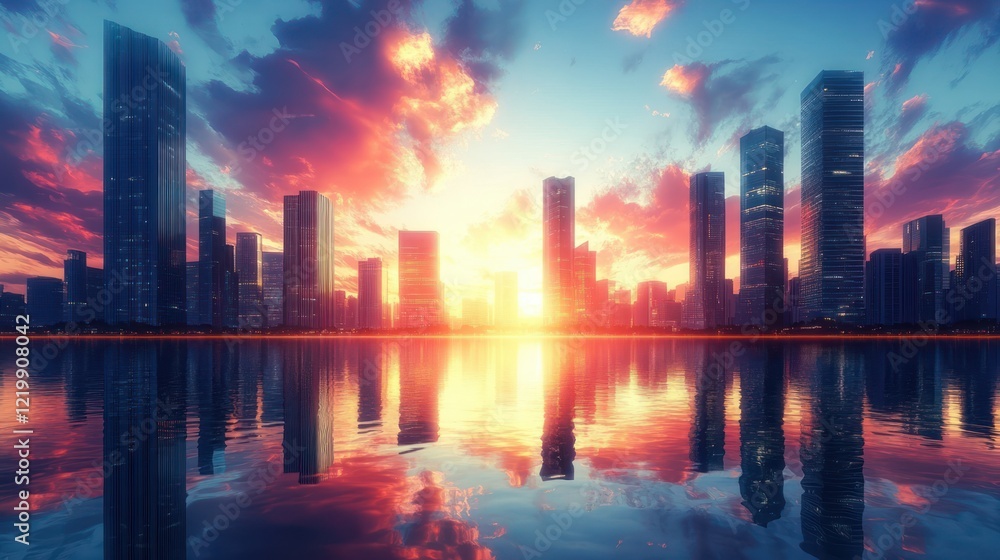 Futuristic Skyscrapers at Sunset in a Smart City Landscape with Reflections and Dramatic Lighting Futuristic Skyscrapers at Sunset in a Smart City Landscape with Reflections and Dramatic Lighting