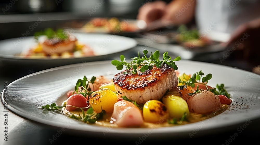 elegantly plated gourmet seafood dish in high-end restaurant kitchen elegantly plated gourmet seafood dish in high-end restaurant kitchen