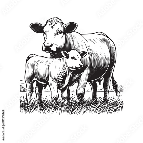 Vector cow and calf lineart illustration