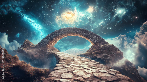 A journey through time and space exploring a mystical bridge under celestial bodies in a surreal landscape. Celestial Bridge. Illustration photo