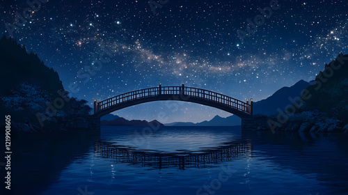 A serene night scene featuring a bridge illuminated under a starry sky and reflected in water. Celestial Bridge. Illustration