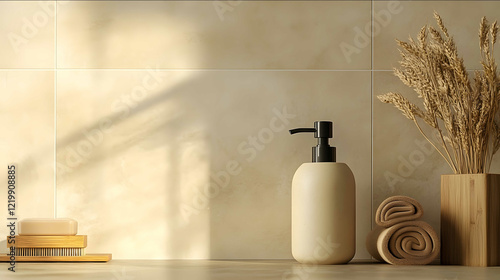 Modern light luxury style a stylish and modern bathroom with highgrade beige tiles single bottle of a wheat coloured soap dispenser that has a bamboo cap and black noz photo