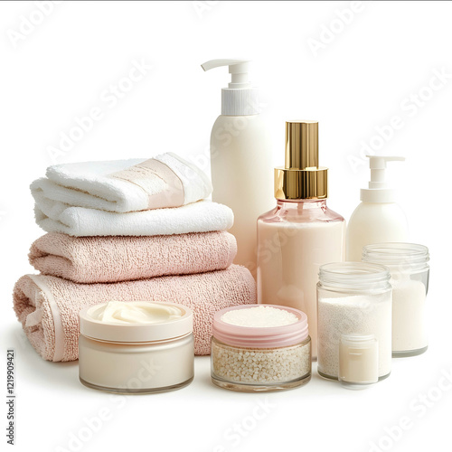 An isolated transparent background for the spa product photography set featuring cream in various jars and bottles towels candles and scented candle sticks The composi photo